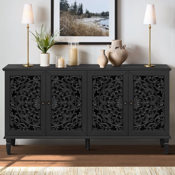 Aukfa 60" Antique Buffet Cabinet with Floral Carved Doors, Solid Wood Sideboard TV Stand for Kitchen Dining Living Room,Black