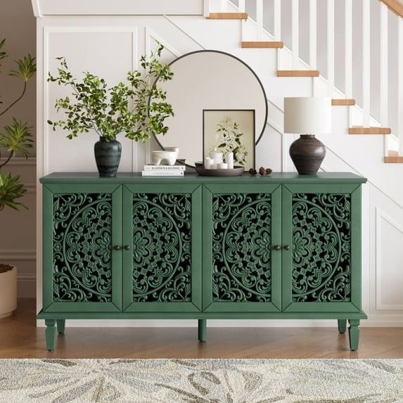 Aukfa 60" Antique Buffet Cabinet with Floral Carved Doors, Solid Wood Sideboard TV Stand for Kitchen Dining Living Room,Green