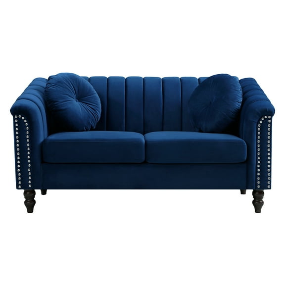 Aukfa 60" Comfy Flannel Loveseat Sofa, Contemporary Sleeper Couch for Living Room, 2 Pillows, Blue