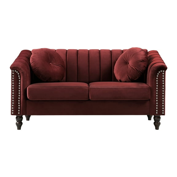 Aukfa 60" Comfy Flannel Loveseat Sofa, Contemporary Sleeper Couch for Living Room, 2 Pillows, Red