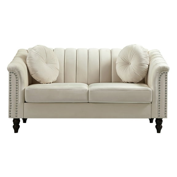 Aukfa 60" Comfy Flannel Loveseat Sofa, Contemporary Sleeper Couch for Living Room, 2 Pillows, White