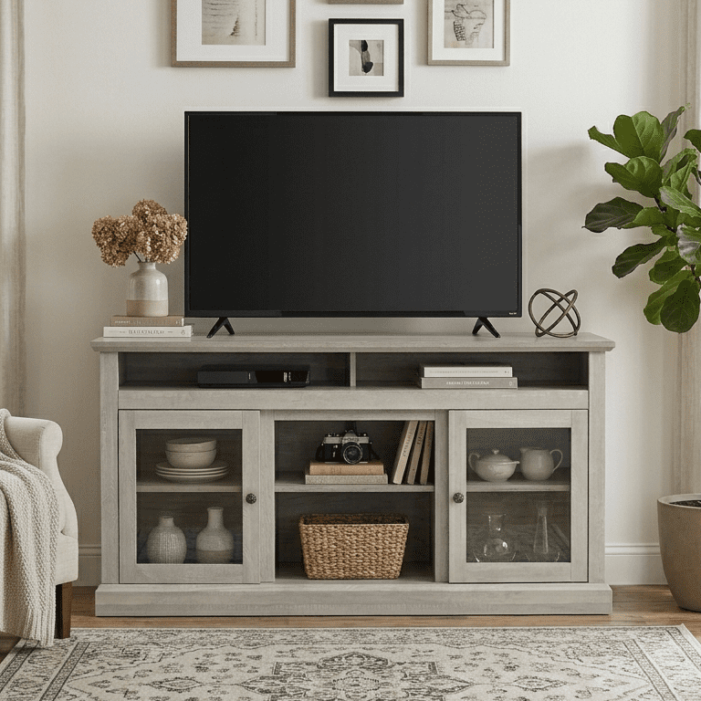 Aukfa 60" Farmhouse TV Stand for TVs up to 65", Wood Entertainment Center, Cable Management, Gray