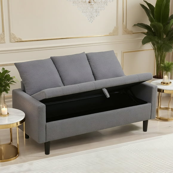 Aukfa 60" Small Sofa Couch with Storage Seat for Living Room, Bedroom, Linen, Gray