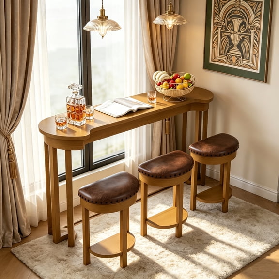 Aukfa 60"Solid Pine Wood Bar Set with 3 Stools, Space-Saving Kitchen Dining Table for 3, Compact Bistro Set for Small Apartments,Natural