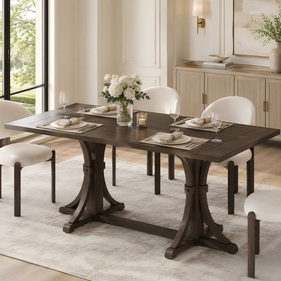 Aukfa 60" Solid Wood Farmhouse Dining Table for 6, Natural Oak Kitchen Table with Trestle Base, Espresso
