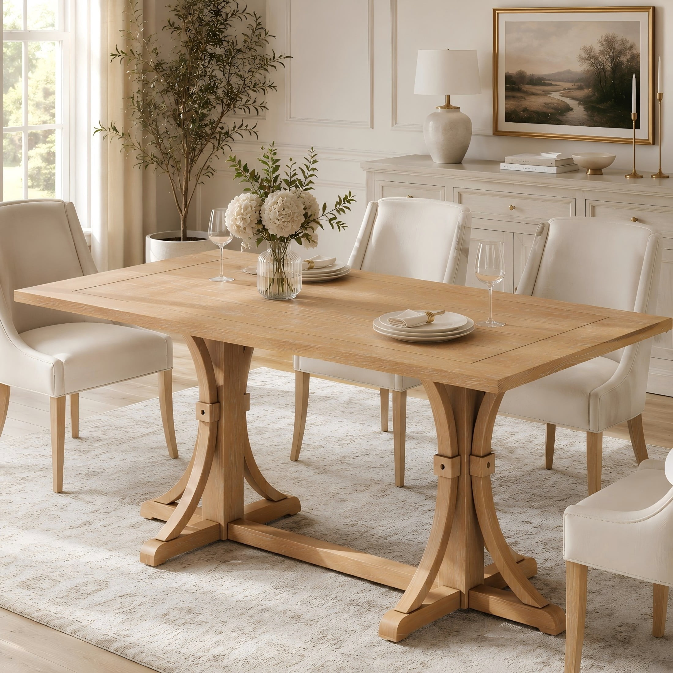 Aukfa 60" Solid Wood Farmhouse Dining Table for 6, Natural Oak Kitchen Table with Trestle Base, Natural
