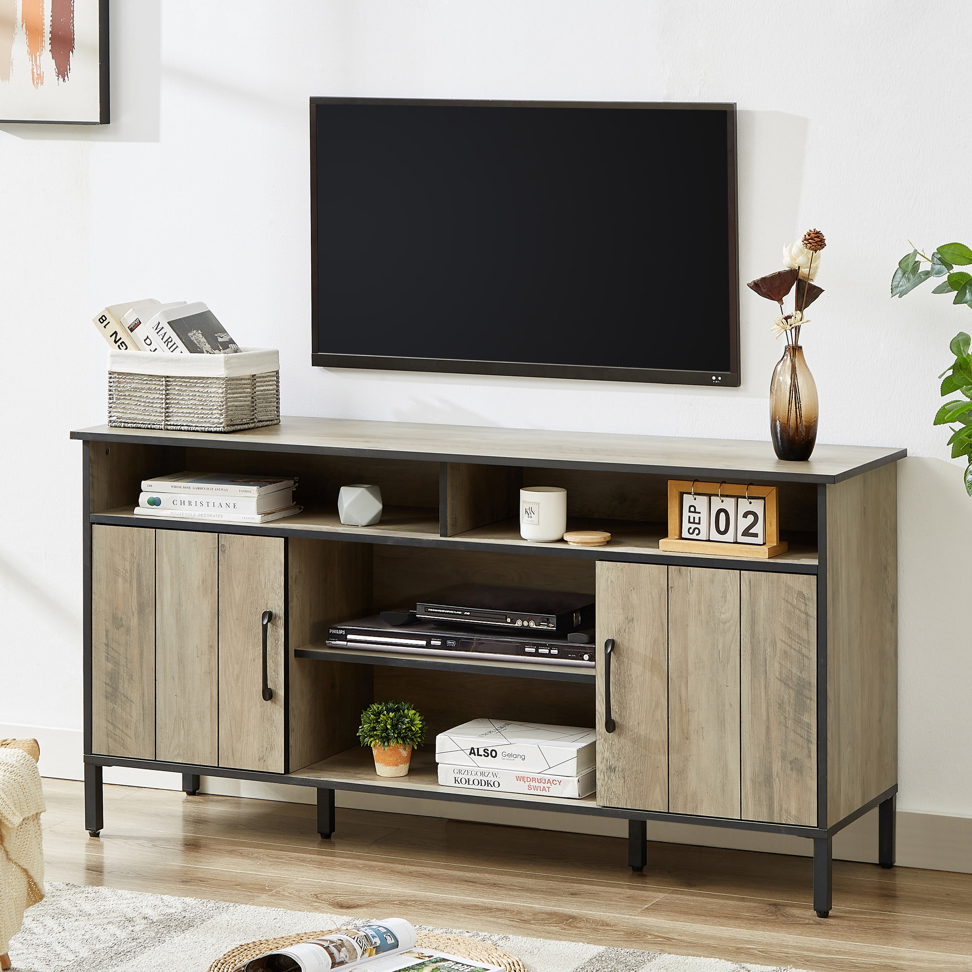 Aukfa 60 inch TV Stand for up to 65-inch with Adjustable feet,Rustic Gray