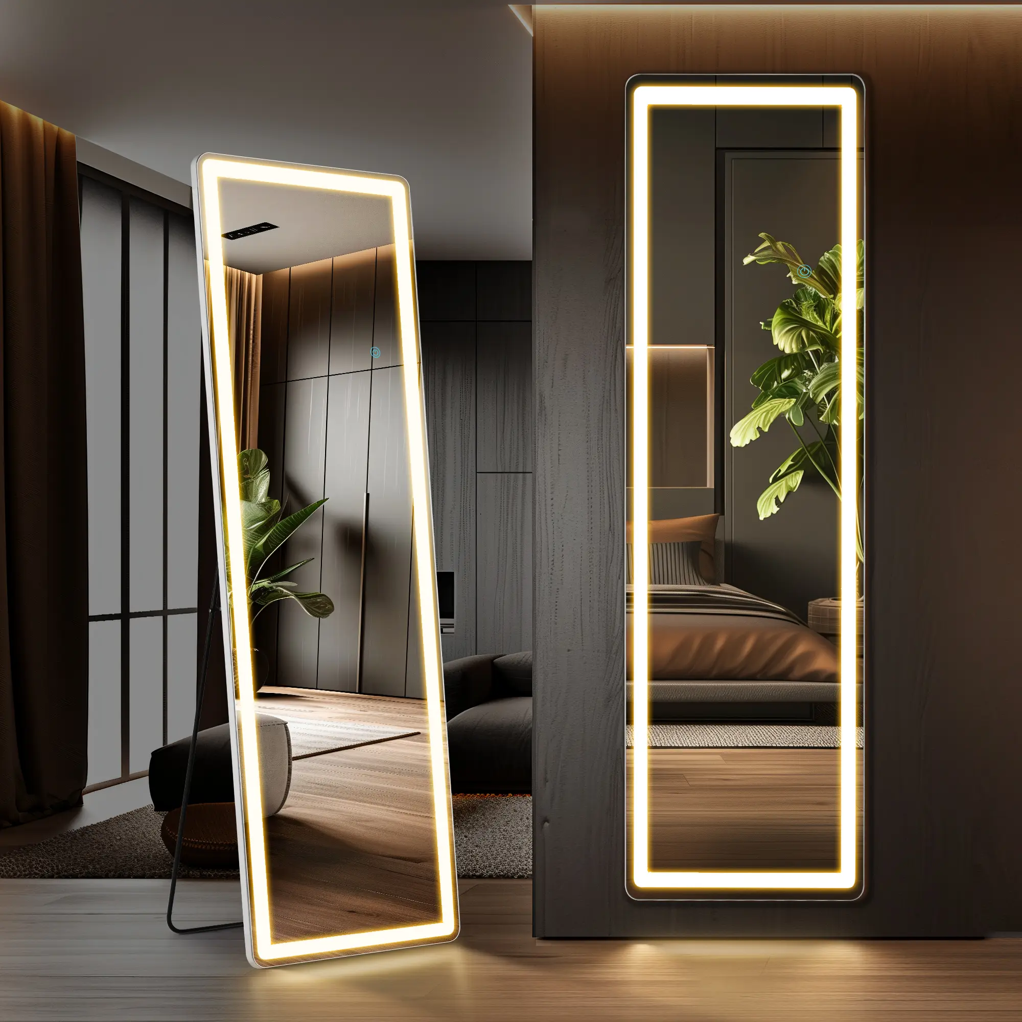 Aukfa 60" x 16" LED Full Length Mirror, Wall Mounted Floor Standing with Touch Control & 3-Color Dimmable Lights