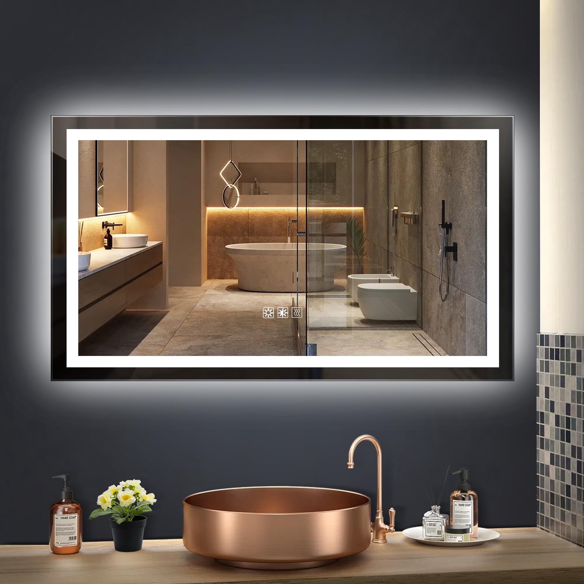 Aukfa 60x32 Inch LED Bathroom Mirror with Lights, Anti-Fog, Dimming, Wall Mounted Waterproof Makeup Mirror - Smart Touch Vanity Lighted Mirror for Enhanced Bathroom Experience