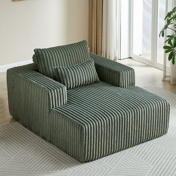 Aukfa 62"x49" Chaise Lounge Oversized Corduroy Sofa Plush Chair Bed w/ 3 Pillows for Living Room, Green