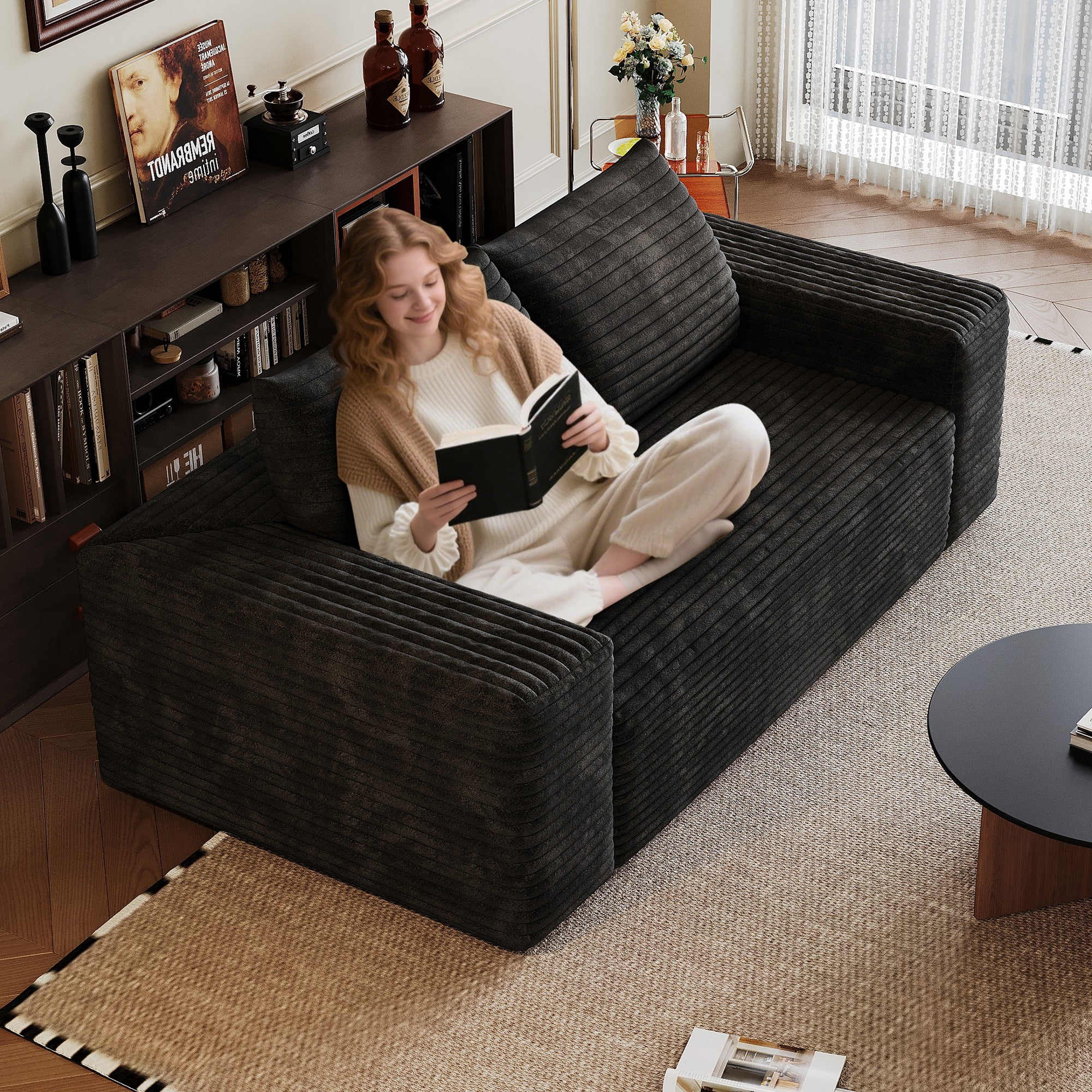 Aukfa 63" 2-Seater Corduroy Sofa, Deep Seat Loveseat Couch with High-Density Foam, No Assembly Comfy Boneless Sofa for Living Room & Apartment, Black