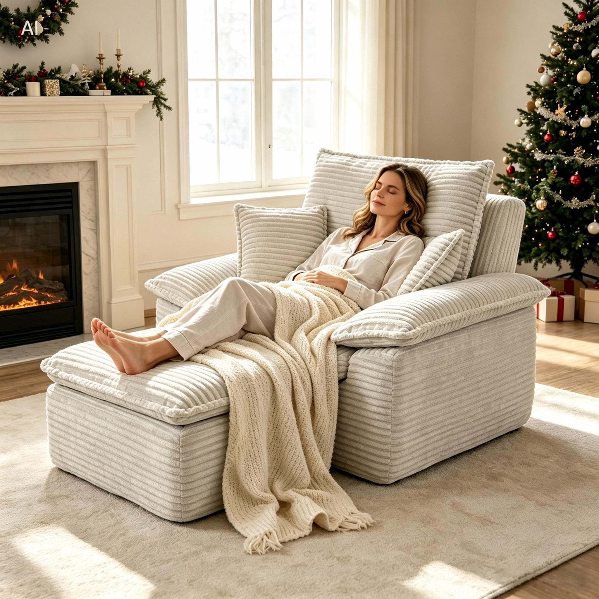 Aukfa 63.5" Oversized Chaise Lounge Sofa with Movable 2-Layer Ottoman, Deep Seat Boneless Couch, Corduroy Lounge Chair, Beige