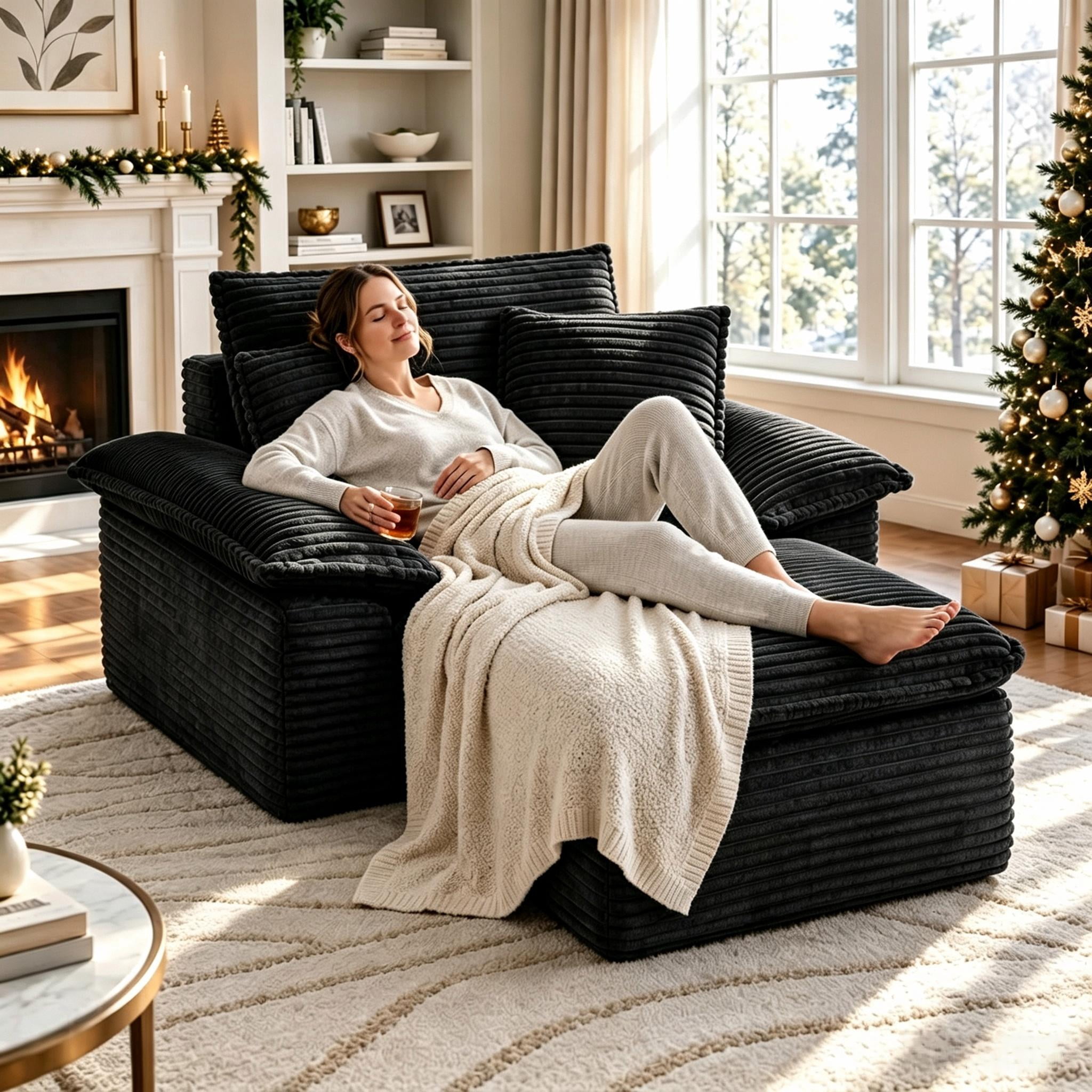 Aukfa 63.5" Oversized Chaise Lounge Sofa with Movable 2-Layer Ottoman, Deep Seat Boneless Couch, Corduroy Lounge Chair, Black