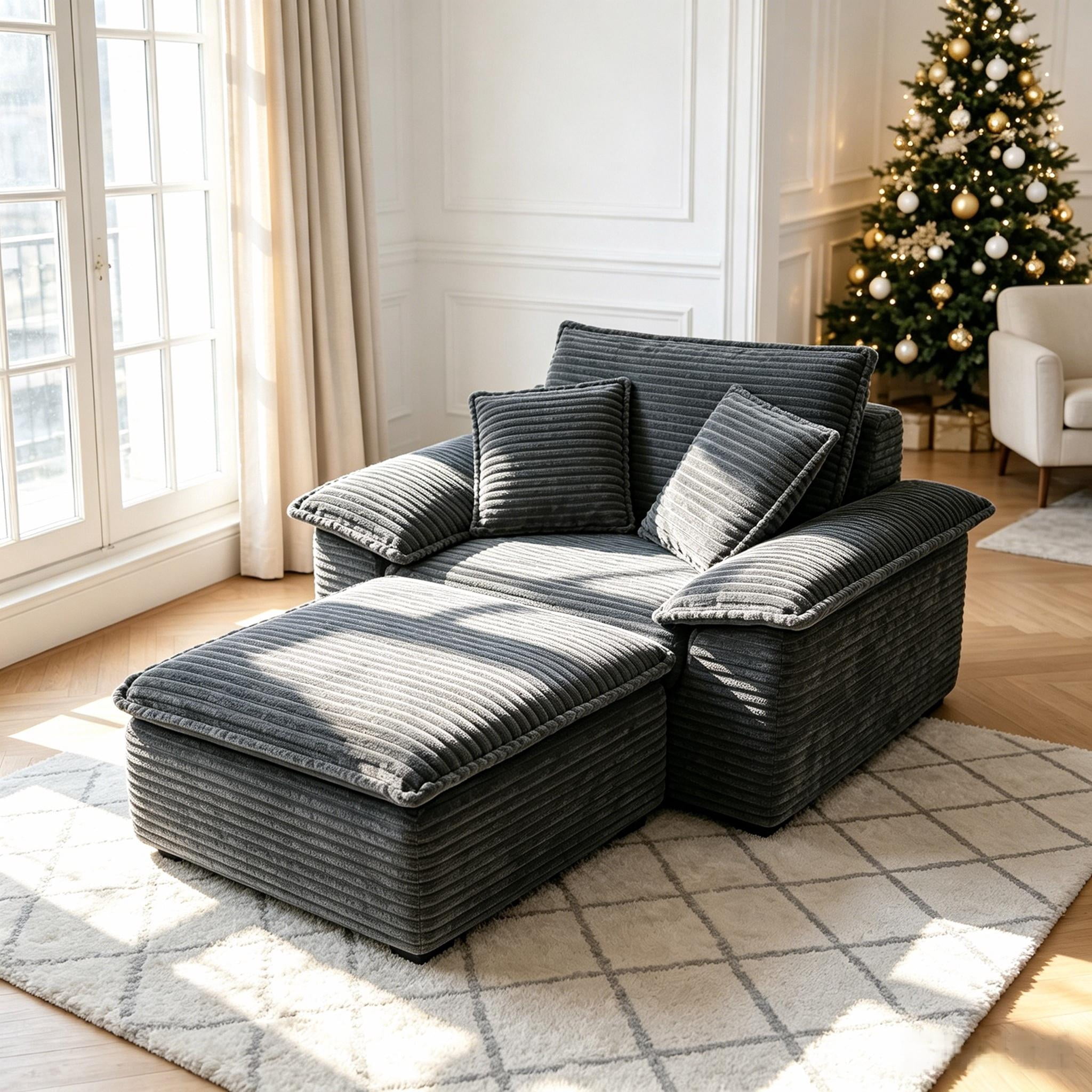 Aukfa 63.5" Oversized Chaise Lounge Sofa with Movable 2-Layer Ottoman, Deep Seat Boneless Couch, Corduroy Lounge Chair, Dark Gray