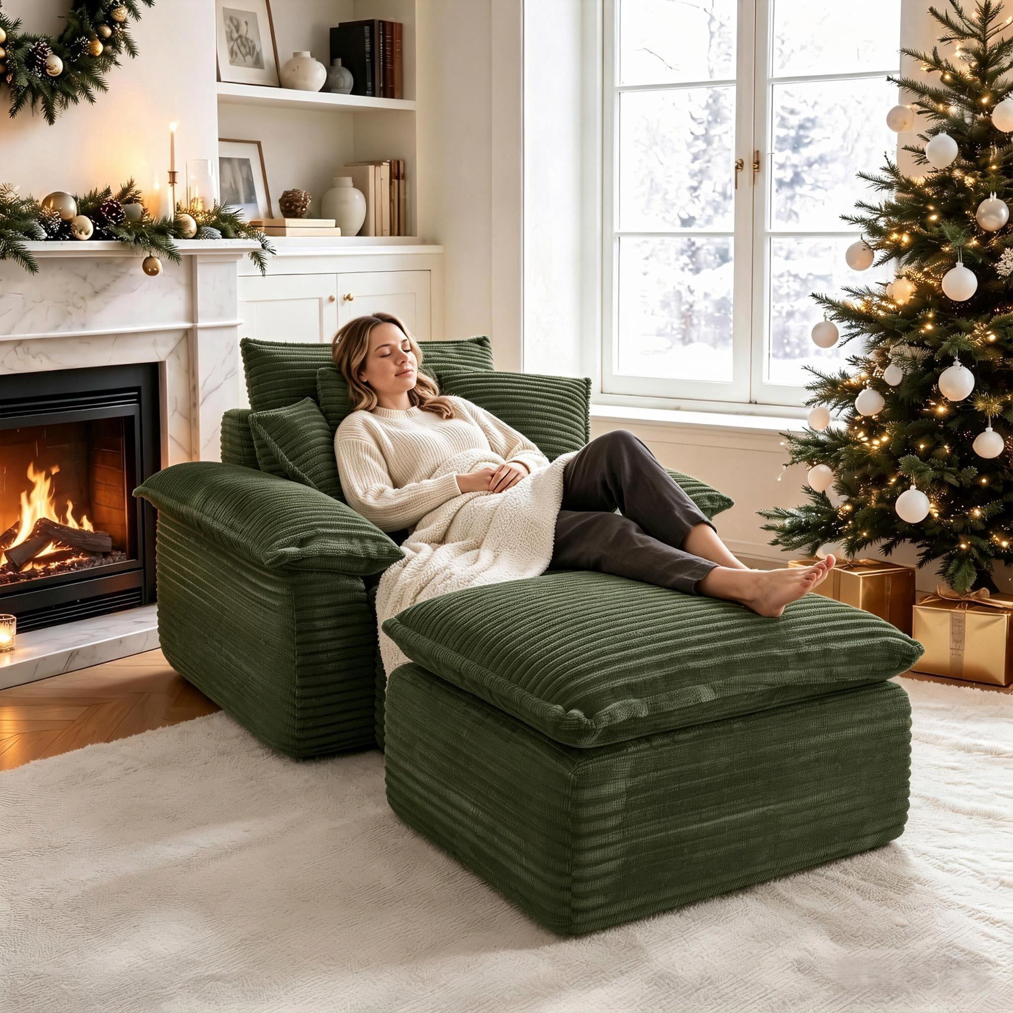Aukfa 63.5" Oversized Chaise Lounge Sofa with Movable 2-Layer Ottoman, Deep Seat Boneless Couch, Corduroy Lounge Chair, Green