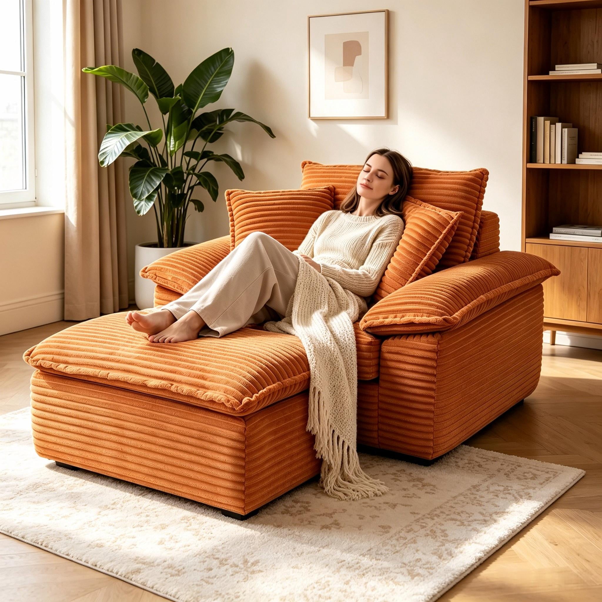 Aukfa 63.5" Oversized Chaise Lounge Sofa with Movable 2-Layer Ottoman, Deep Seat Boneless Couch, Corduroy Lounge Chair, Orange