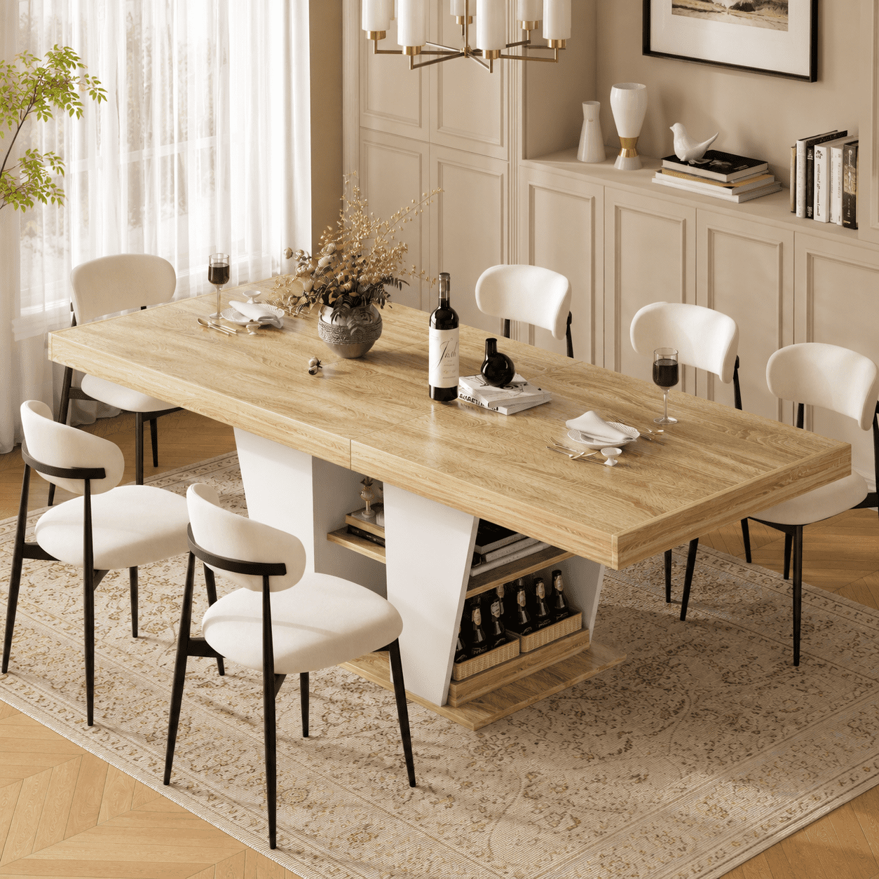 Aukfa 63"-78.7" Extendable Dining Table for 8-10 with Storage, Natural/White
