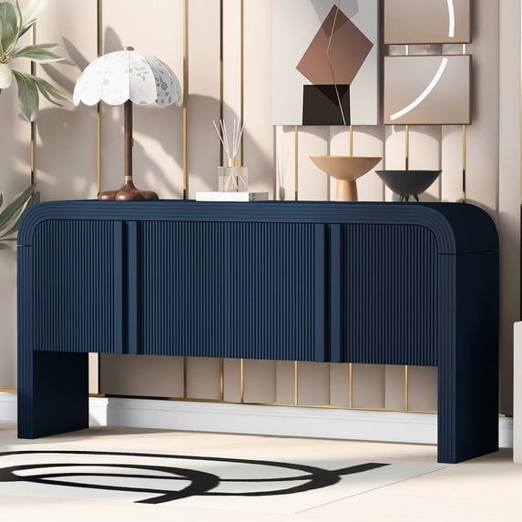 Aukfa 63" Console Table Striped 4-Door Sideboard Storage Cabinets for Hallway Living Room,Blue