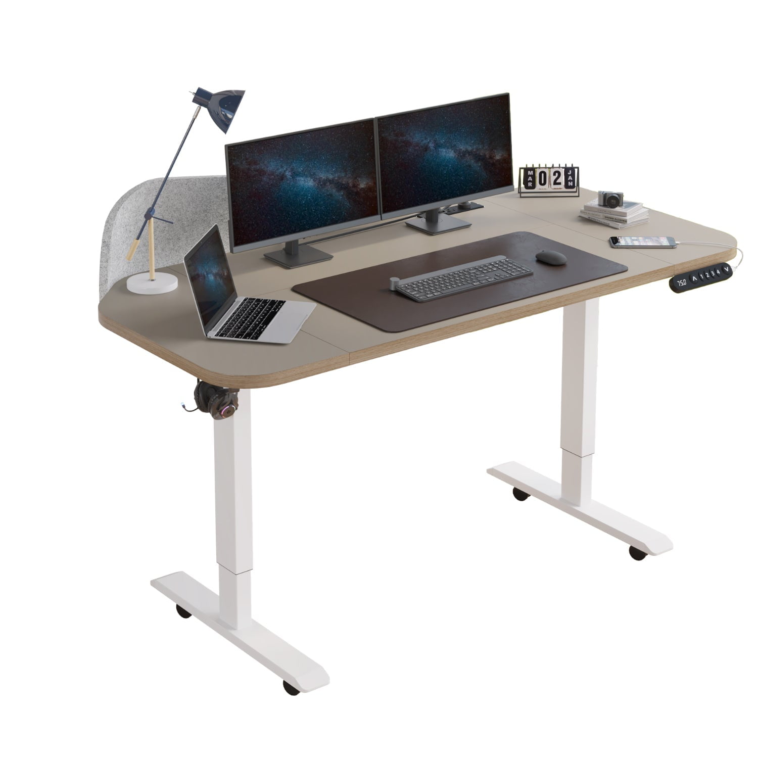 Aukfa 63" Electric Standing Desk, Height Adjustable Sit Stand Desk with Power Strip, Privacy Screen & Memory Controller,Kahaki