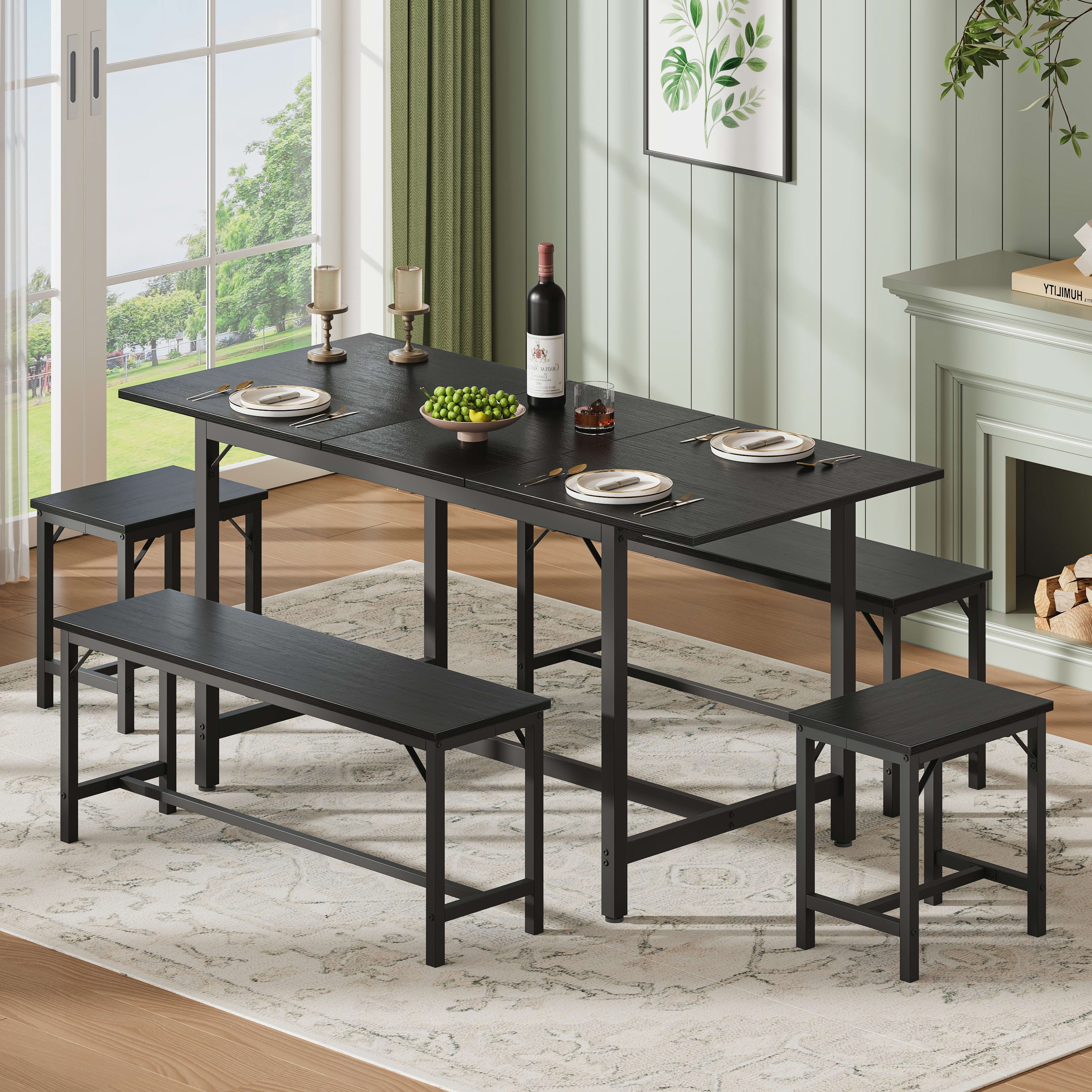 Aukfa 63" Extendable Dining Table Set for 4-8, 3-Piece Kitchen Table Set with 2 Benches & 2 Stools, Space Saving Wood Table & Metal Frame,Black