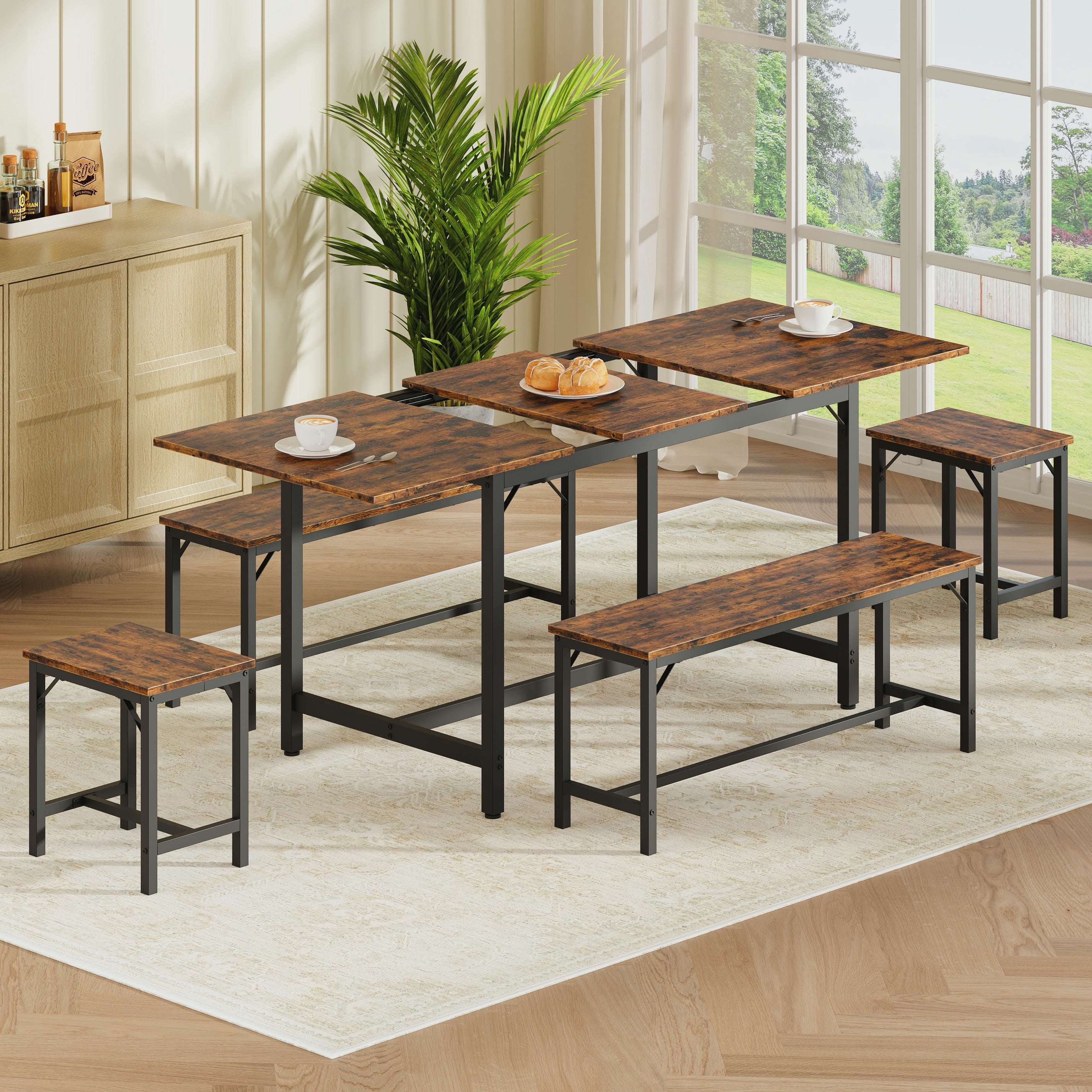 Aukfa 63" Extendable Dining Table Set for 4-8, 3-Piece Kitchen Table Set with 2 Benches & 2 Stools, Space Saving Wood Table & Metal Frame,Brown