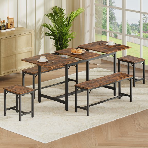 Aukfa 63" Extendable Dining Table Set for 4-8, 3-Piece Kitchen Table Set with 2 Benches & 2 Stools, Space Saving Wood Table & Metal Frame,Brown