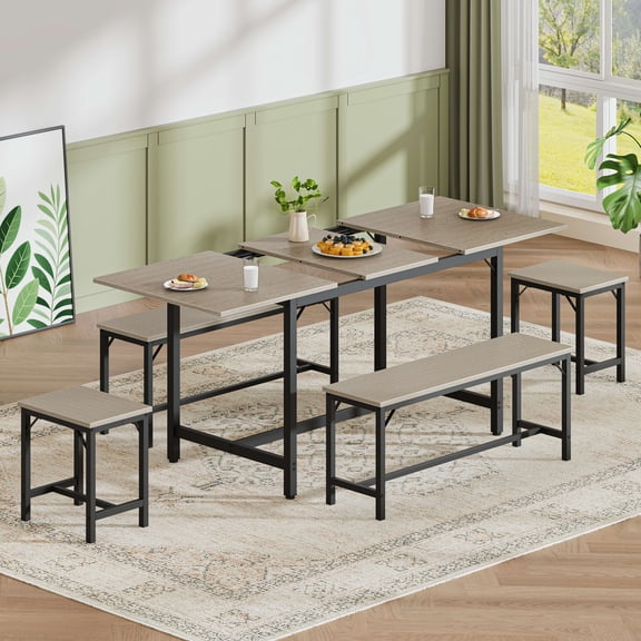 Aukfa 63" Extendable Dining Table Set for 4-8, 3-Piece Kitchen Table Set with 2 Benches & 2 Stools, Space Saving Wood Table & Metal Frame,Gray