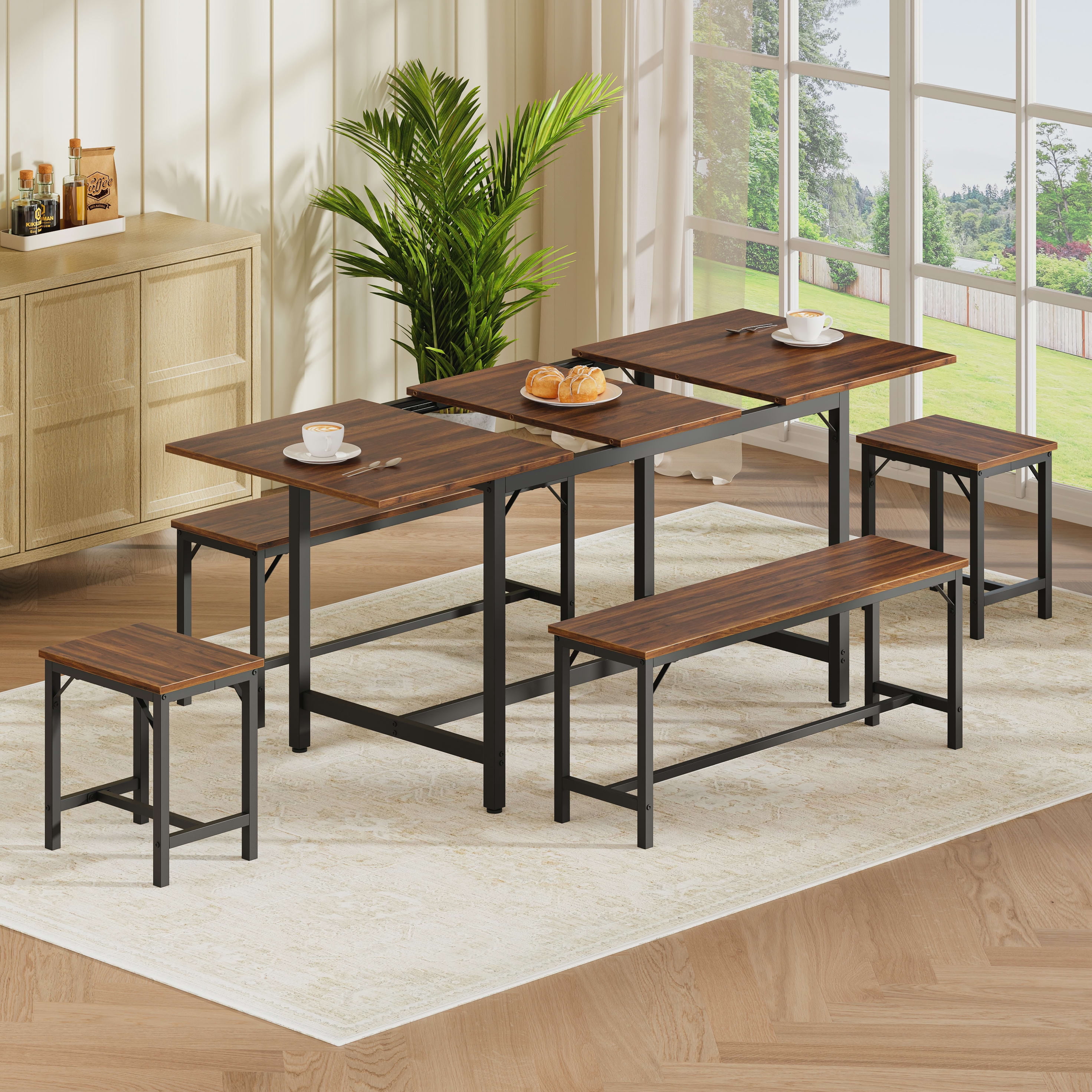 Aukfa 63" Extendable Dining Table Set for 4-8, 3-Piece Kitchen Table Set with 2 Benches & 2 Stools, Space Saving Wood Table & Metal Frame,Walnut