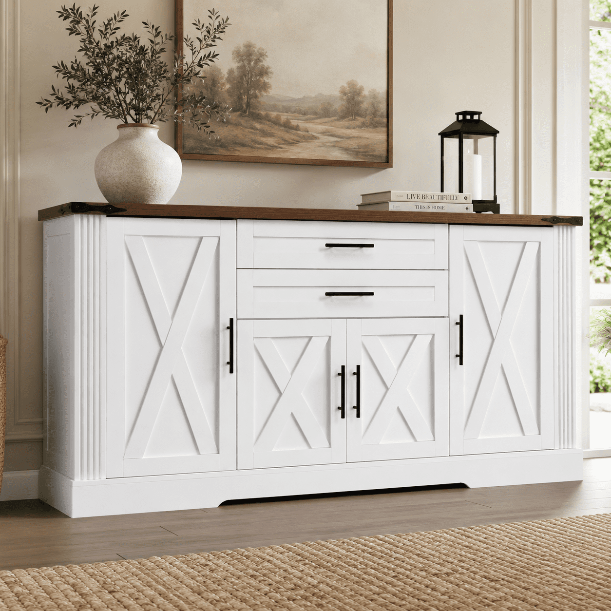 Aukfa 63" Farmhouse Sideboard Buffet Cabinet with Barn Doors & Adjustable Shelves, Kitchen Storage Cabinet,White