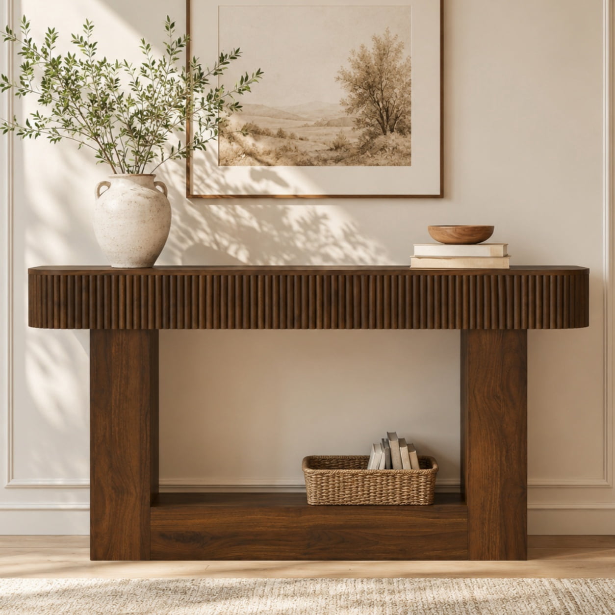Aukfa 63" Fluted Console Table, Modern Farmhouse Entryway Table Narrow Sofa Table Behind Couch, Walnut