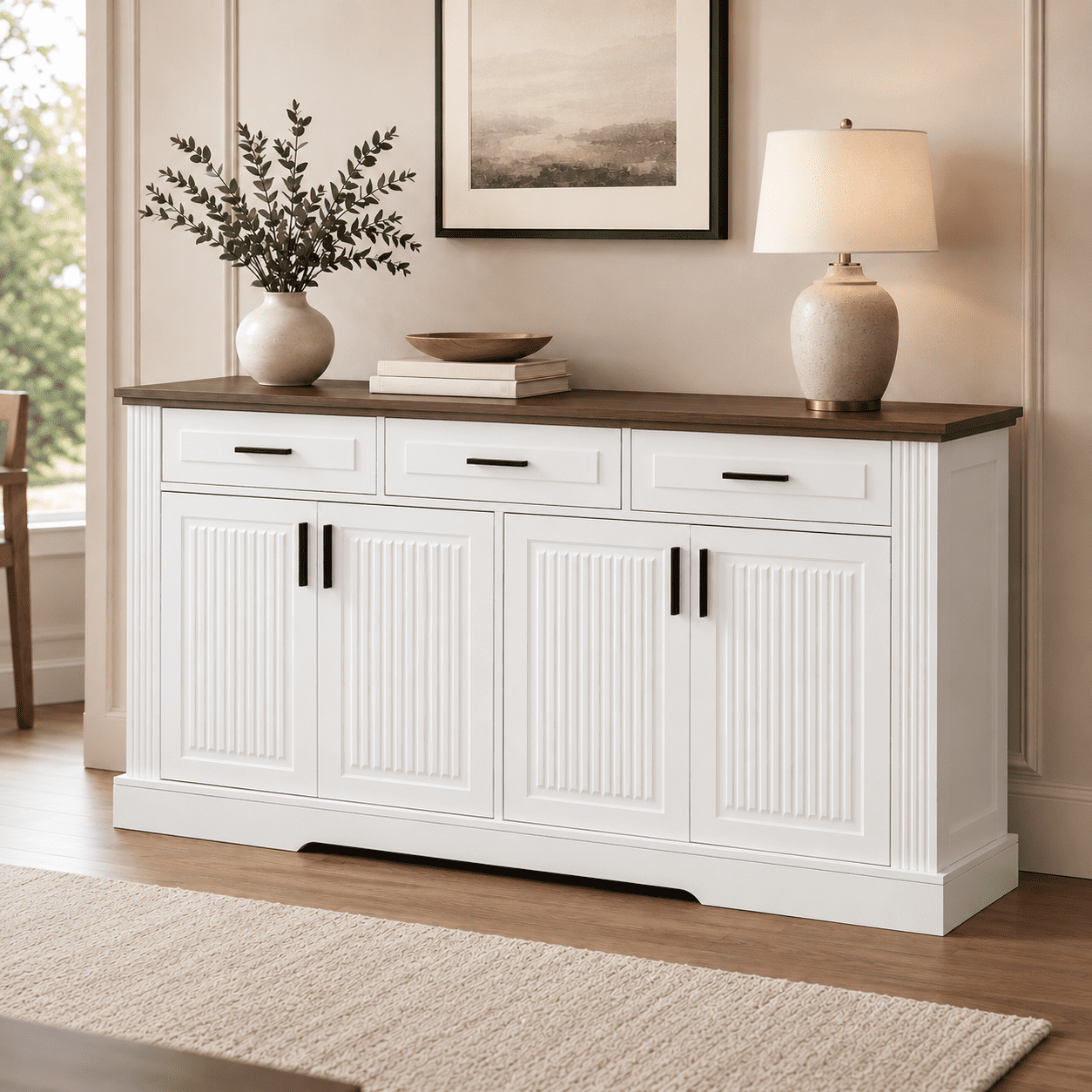 Aukfa 63" Fluted Sideboard Buffet Cabinet with 4 Doors, 3 Drawers, Adjustable Shelves, Kitchen Storage Cabinet,White