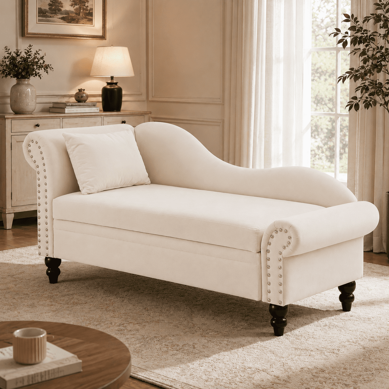 Aukfa 64.5" Modern Velvet Chaise Lounge with Storage, Left Armrest Lounge Sofa with Silver Nailhead Trim & Lumbar Pillow,Beige