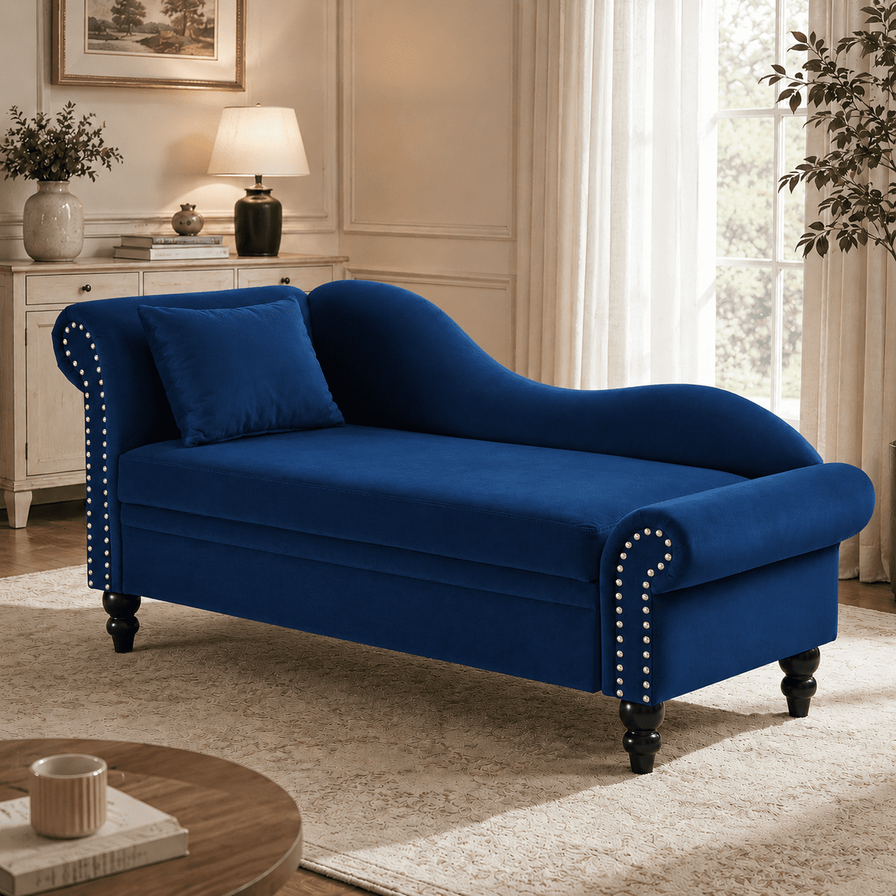 Aukfa 64.5" Modern Velvet Chaise Lounge with Storage, Left Armrest Lounge Sofa with Silver Nailhead Trim & Lumbar Pillow,Navy Blue