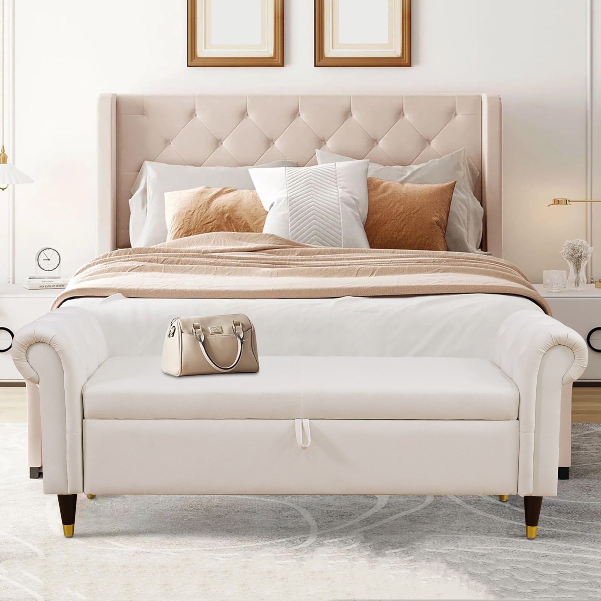 Aukfa 64 inch Oversized Storage Ottoman Bench, Lift Top Storage Chest for Bedroom, Sherpa, White