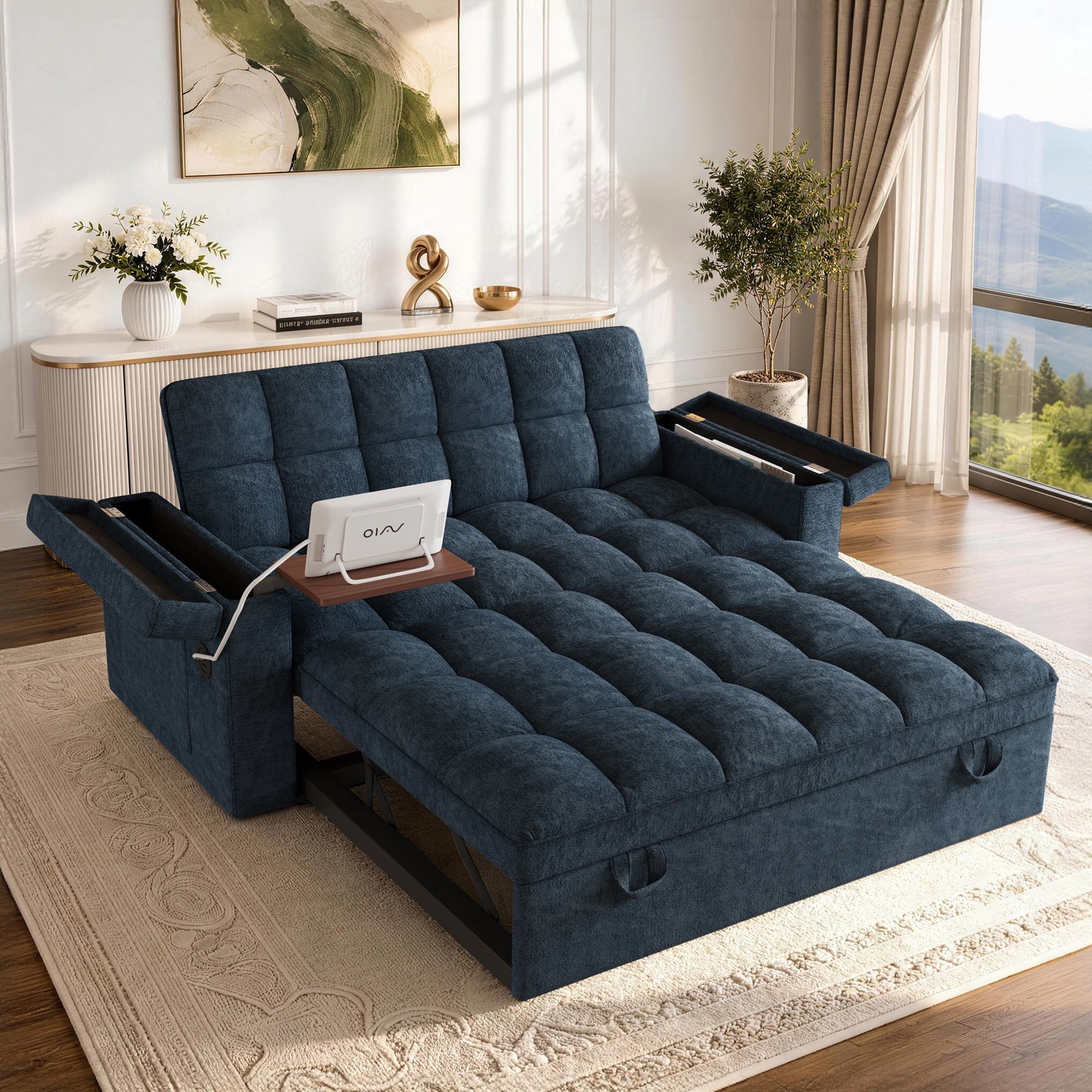 Aukfa 65" 3-in-1 Convertible Sofa Bed with Side Table, Chenille Sleeper Couch with Storage Armrest & 6-Position Adjustable Backrest,Blue