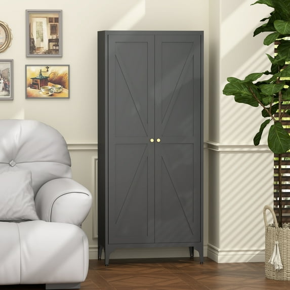 Aukfa 65" Freestanding Kitchen Pantry Storage Cabinet with 4 Adjustable Shelves, Metal Food Pantry Cupboard for Kitchen/Garage/Office, Black