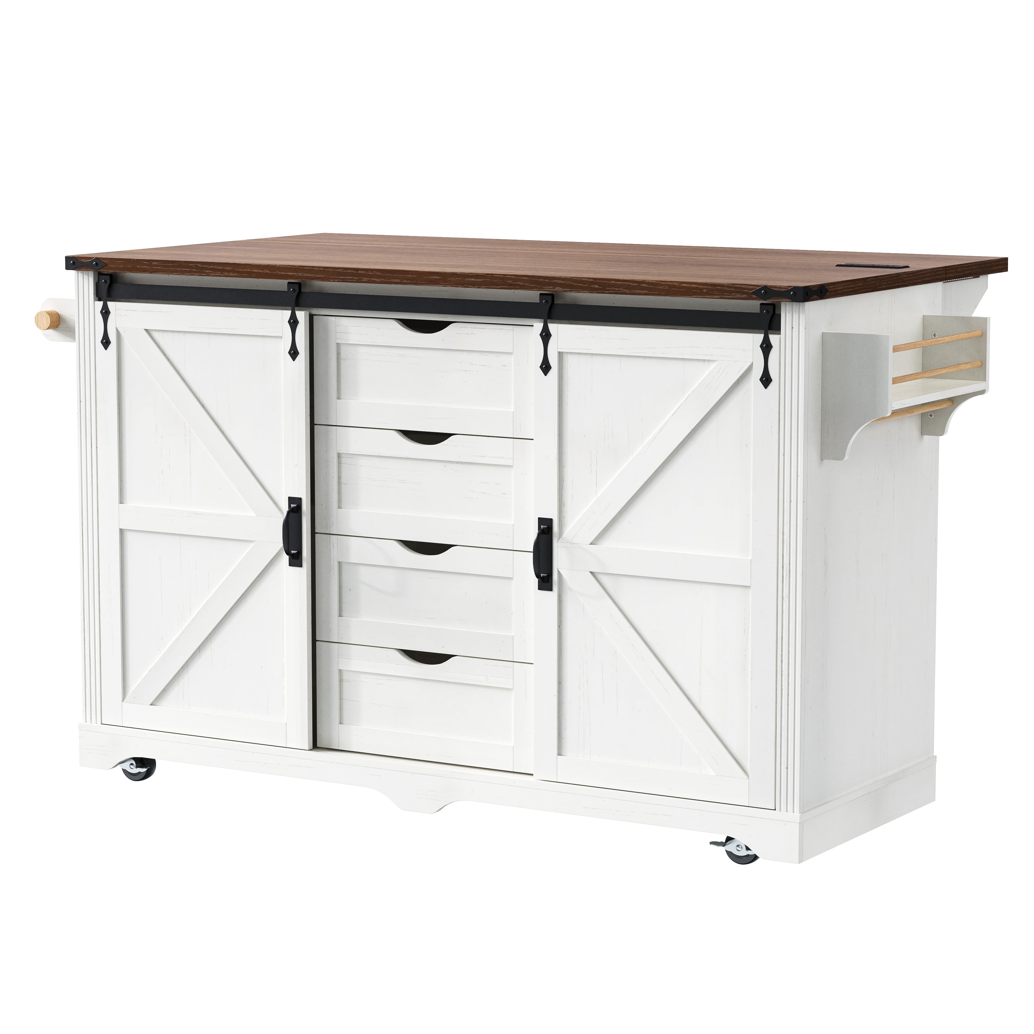 Aukfa 65" Kitchen Island with Arched Glass Doors, Drop Leaf Countertop & Charging Station, Rolling Cart, Black