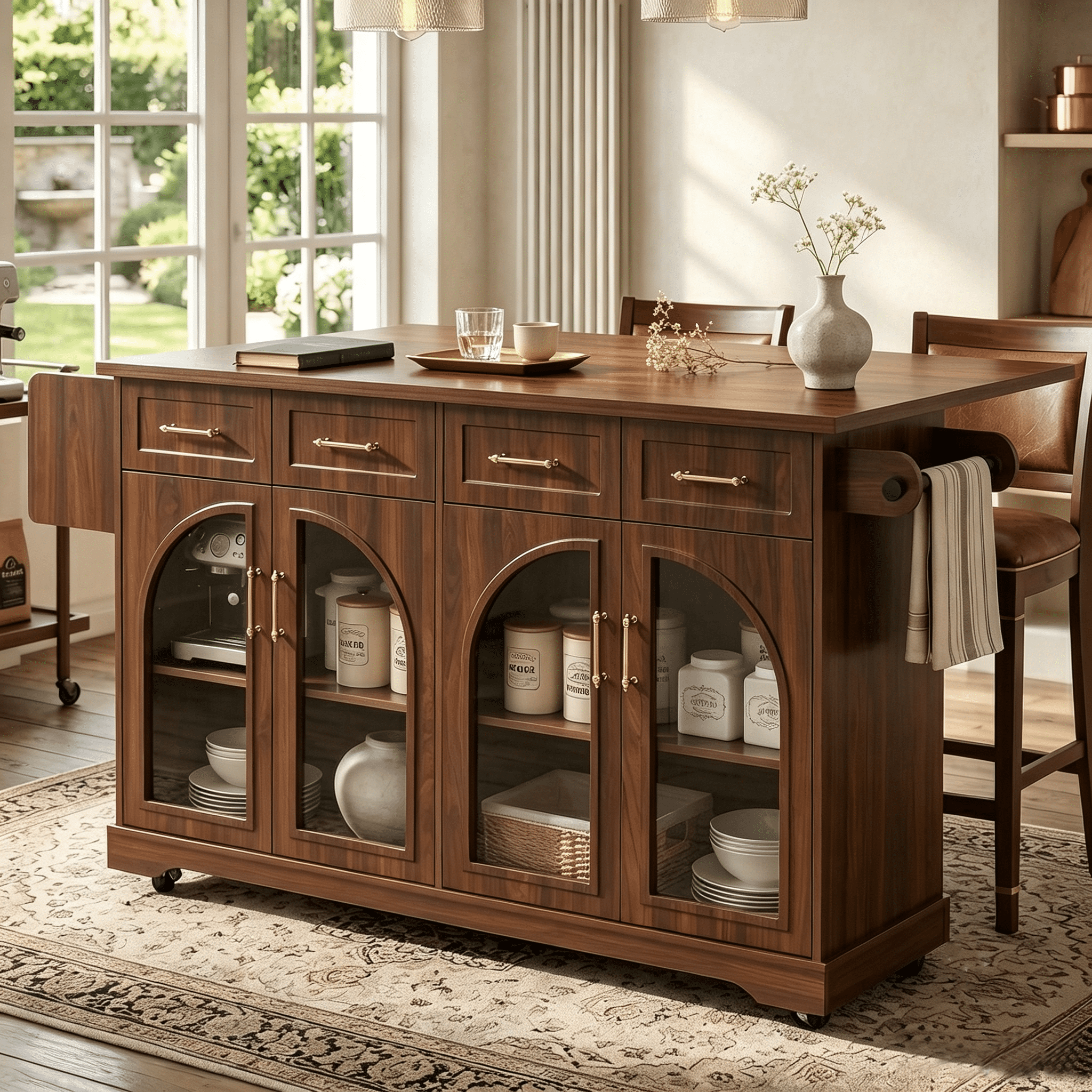 Aukfa 65" Kitchen Island with Arched Glass Doors, Drop Leaf Countertop & Charging Station, Rolling Cart, Walnut