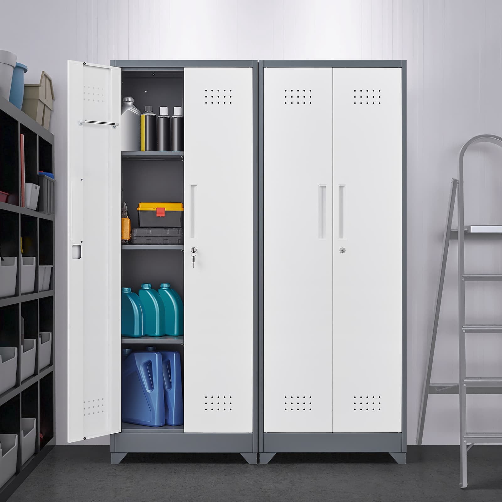 Aukfa 65" Metal Garage Storage Cabinets, Lockable Broom Closet Storage Cabinet with Shelves for Basement/Office/Laundry Room, White