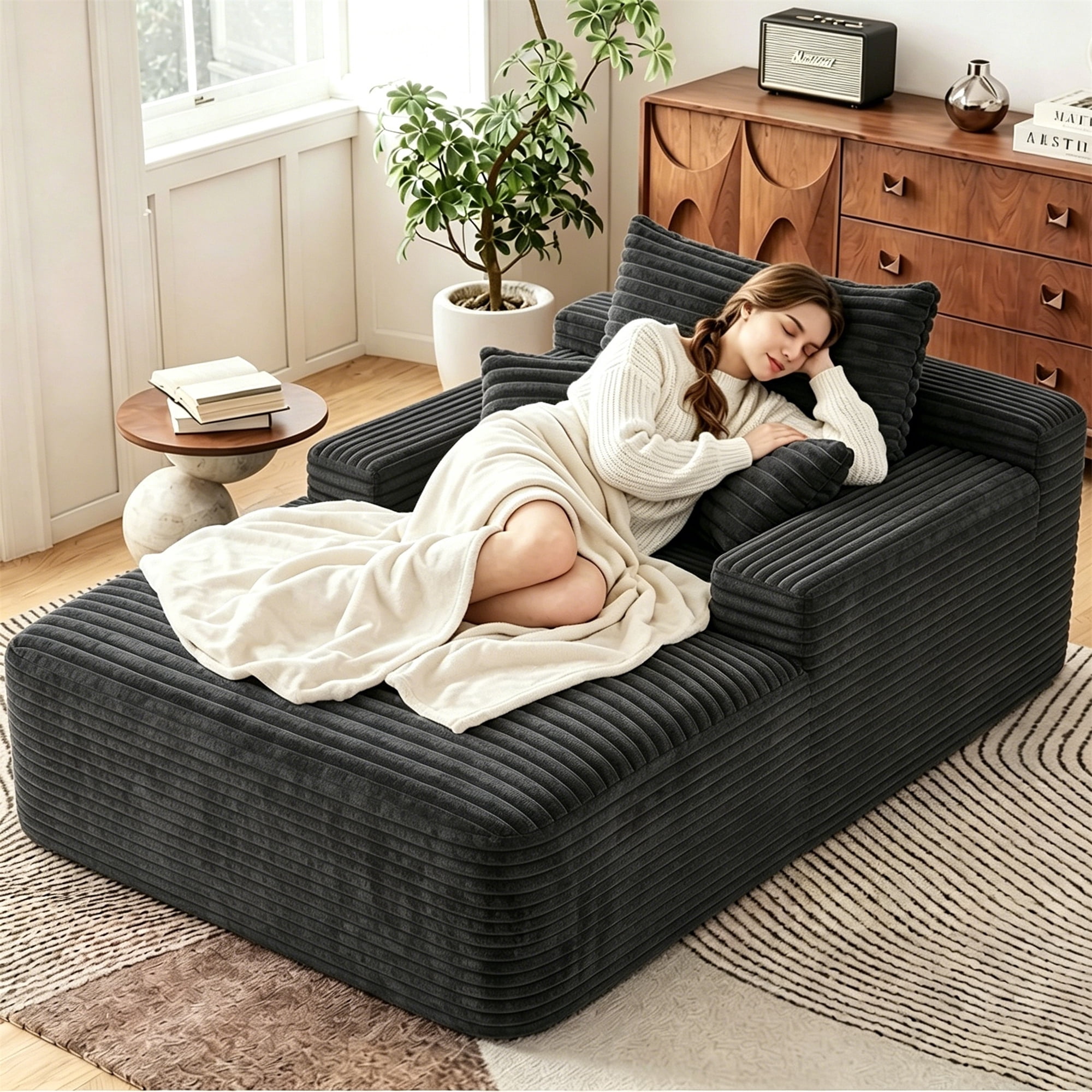 Aukfa 65" Oversized Chaise Lounge Indoor Chair Boneless Sofa Couch for Living Room, 3Pillows, Corduroy, Black