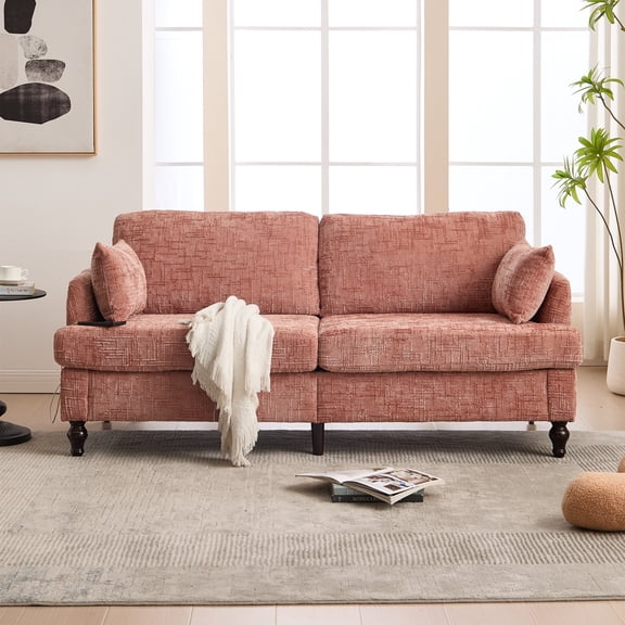 Aukfa 69" Vintage Small Sofa Loveseat Couch with LED light&USB Port for Living room, 2 Pillows, Chenille, Pink