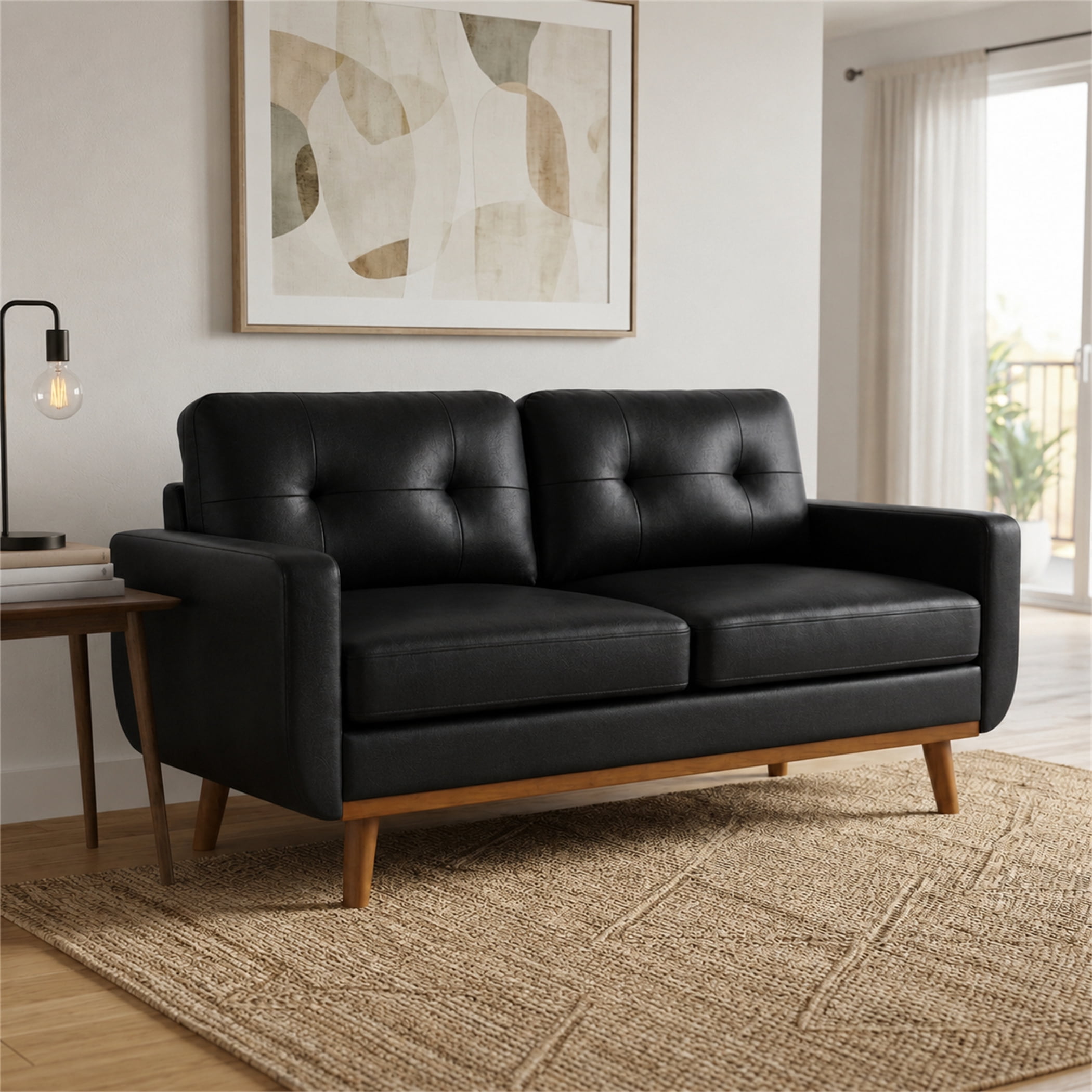 Aukfa 65" Small Sofa Loveseat Couch Comfy Mid Century Modern Sofa for Living Room Bedroom, Foil Fabric, Black