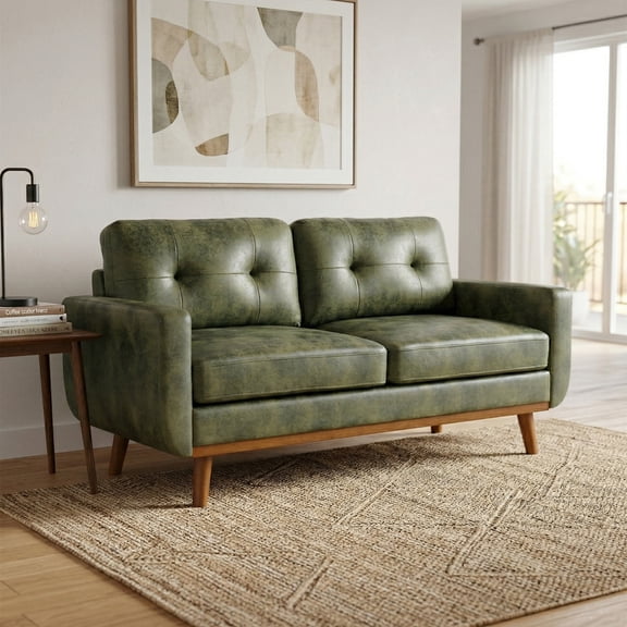 Aukfa 65" Small Sofa Loveseat Couch Comfy Mid Century Modern Sofa for Living Room Bedroom, Foil Fabric, Green