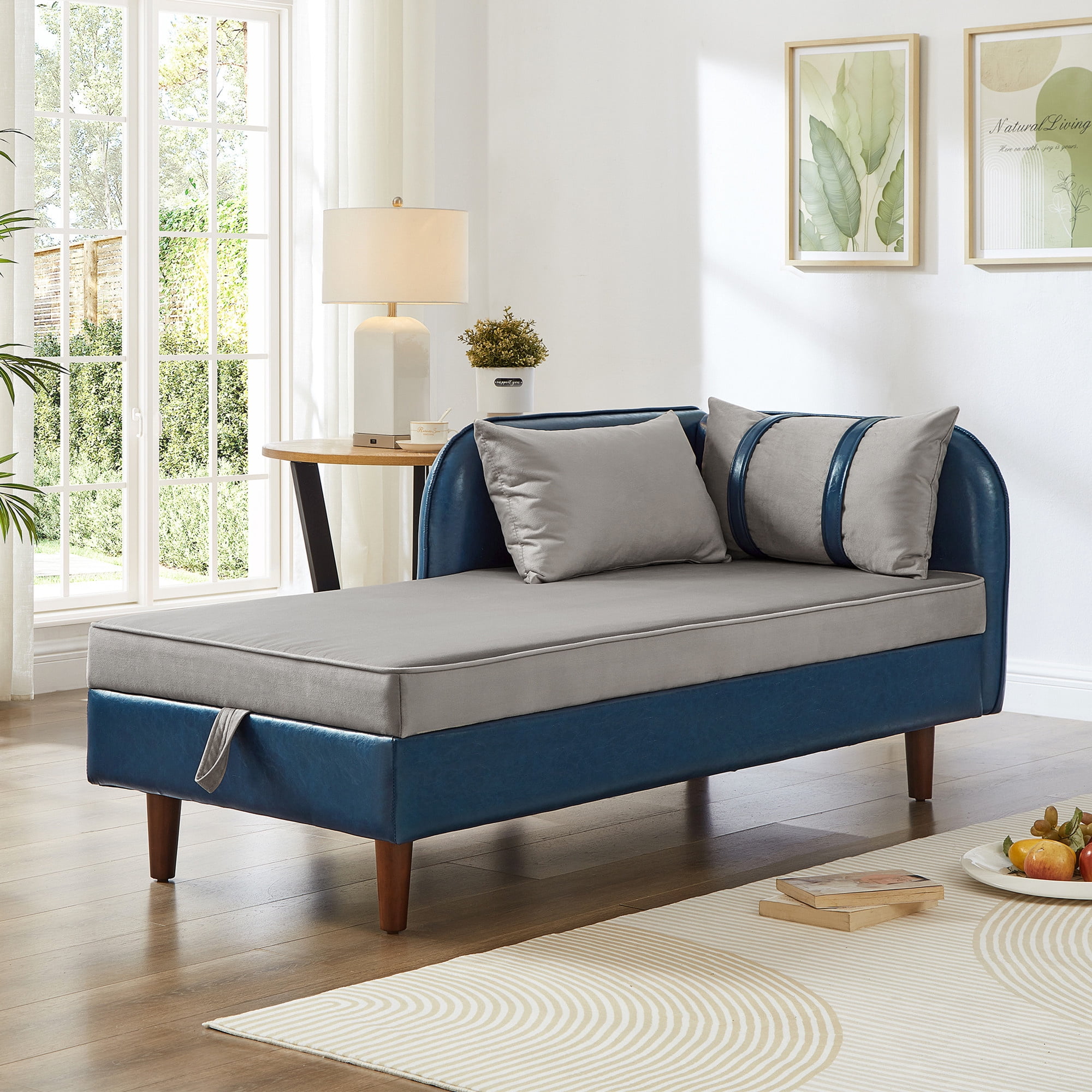 Aukfa 65" Storage Chaise Lounge Indoor Leather Sofa for Living Room Bedroom, Wooden Legs, 2 Pillows, Blue & Gray