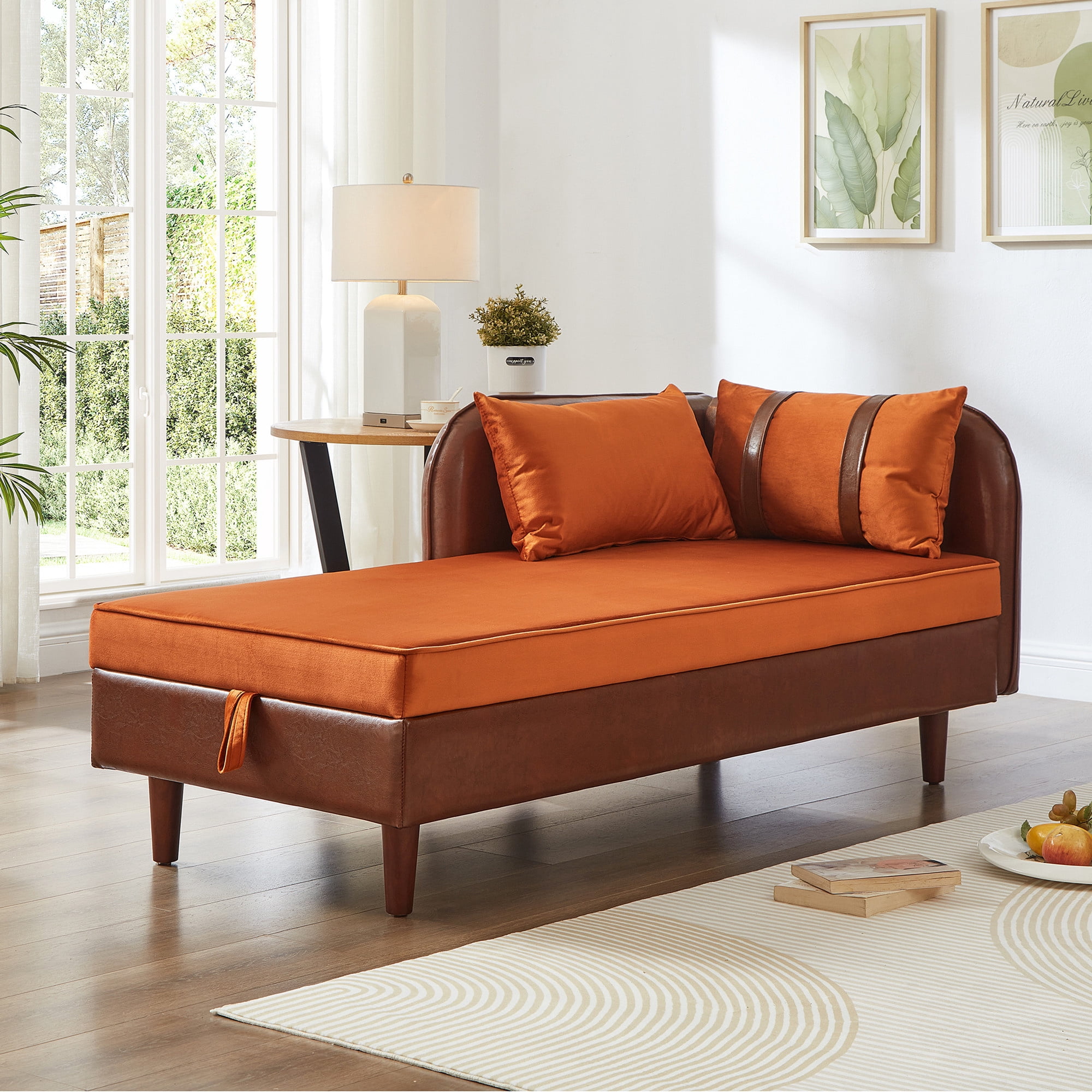 Aukfa 65" Storage Chaise Lounge Indoor Leather Sofa for Living Room Bedroom, Wooden Legs, 2 Pillows, Brown & Orange
