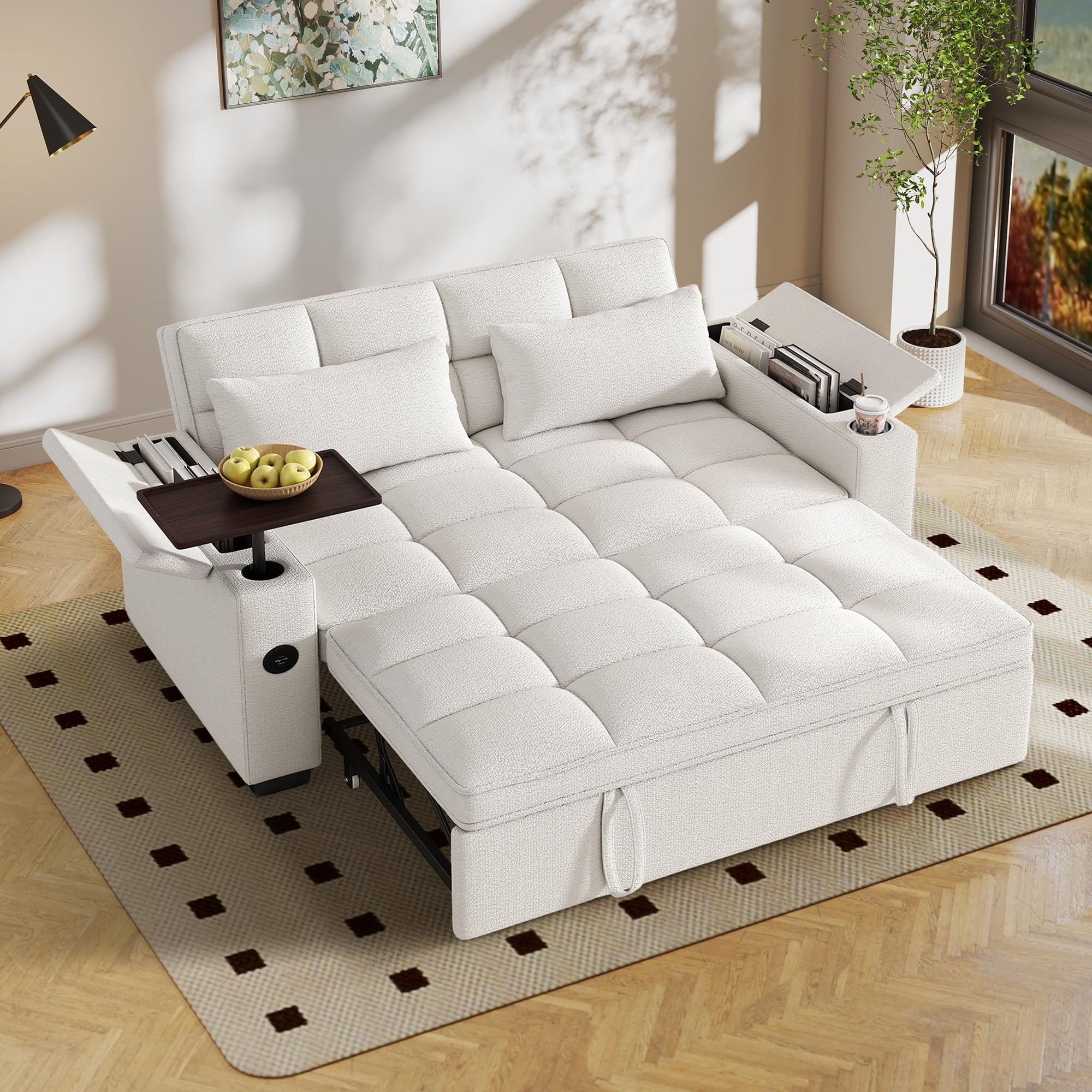 Aukfa 65"W Convertible 3-in-1 Sofa Bed with Storage, Queen Chenille Sleeper Couch with USB/Type-C Ports & Rotating Side Table,Beige