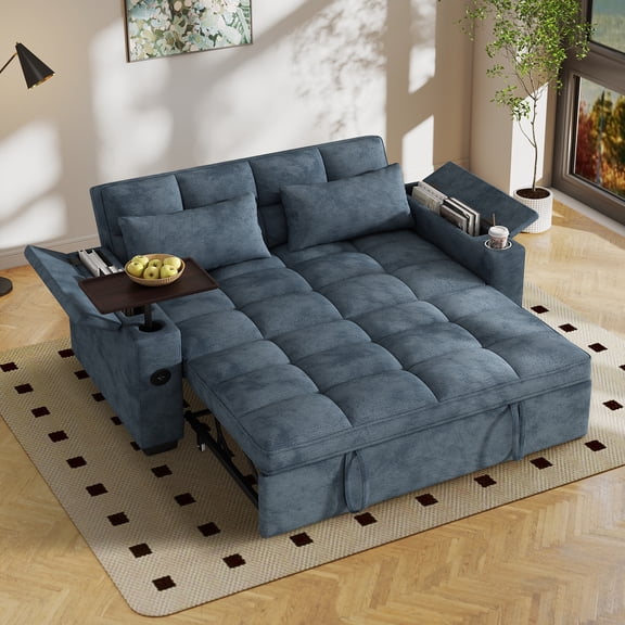 Aukfa 65"W Convertible 3-in-1 Sofa Bed with Storage, Queen Chenille Sleeper Couch with USB/Type-C Ports & Rotating Side Table,Blue
