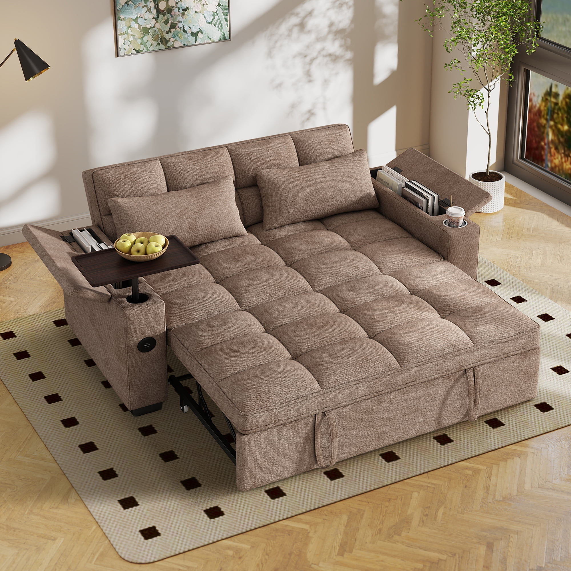 Aukfa 65"W Convertible 3-in-1 Sofa Bed with Storage, Queen Chenille Sleeper Couch with USB/Type-C Ports & Rotating Side Table,khaki