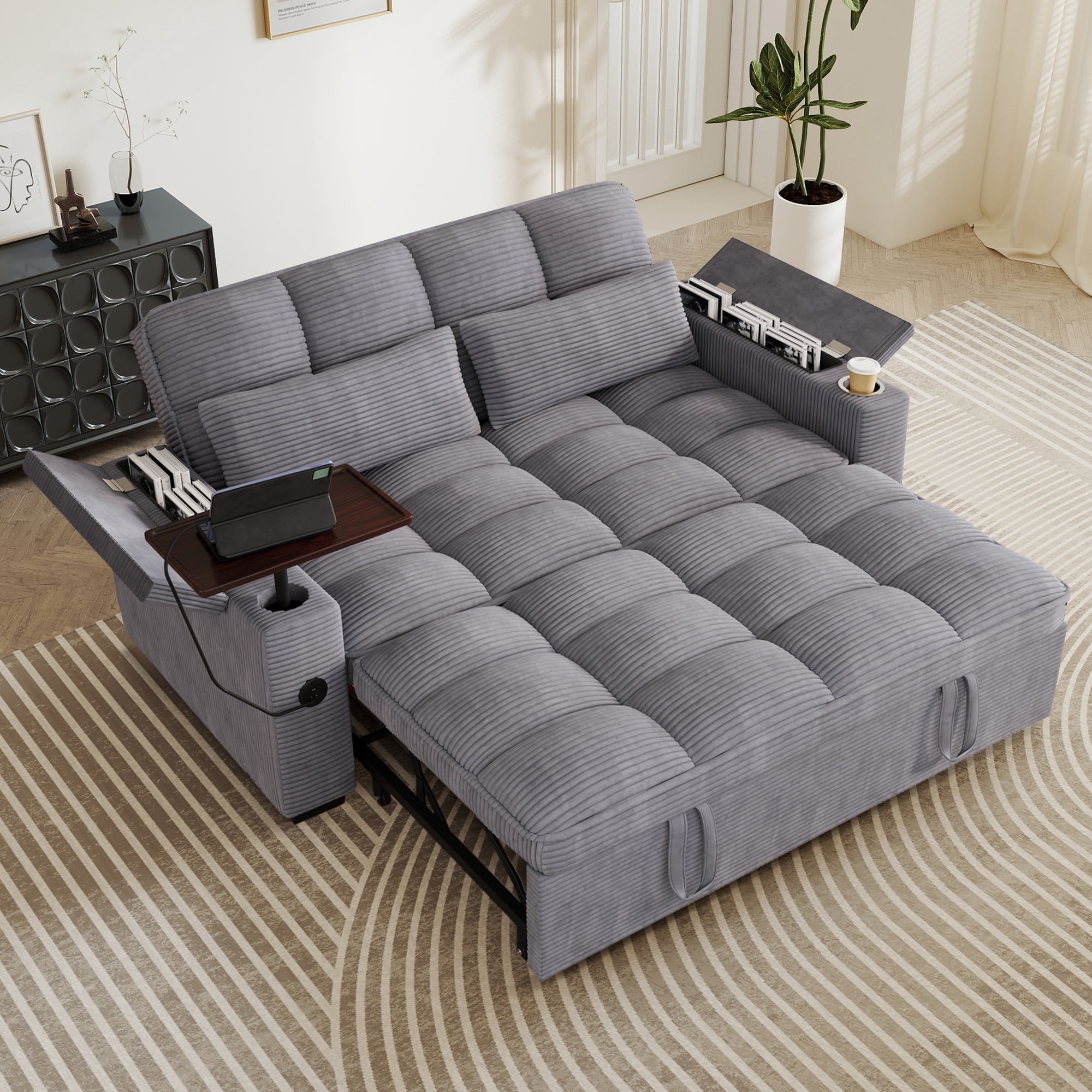 Aukfa 65"W Convertible Sofa Bed with Storage, 3-in-1 Corduroy Queen Sleeper Sofa Couch with 360° Swivel Side Table & USB /Type-C Ports,Gray