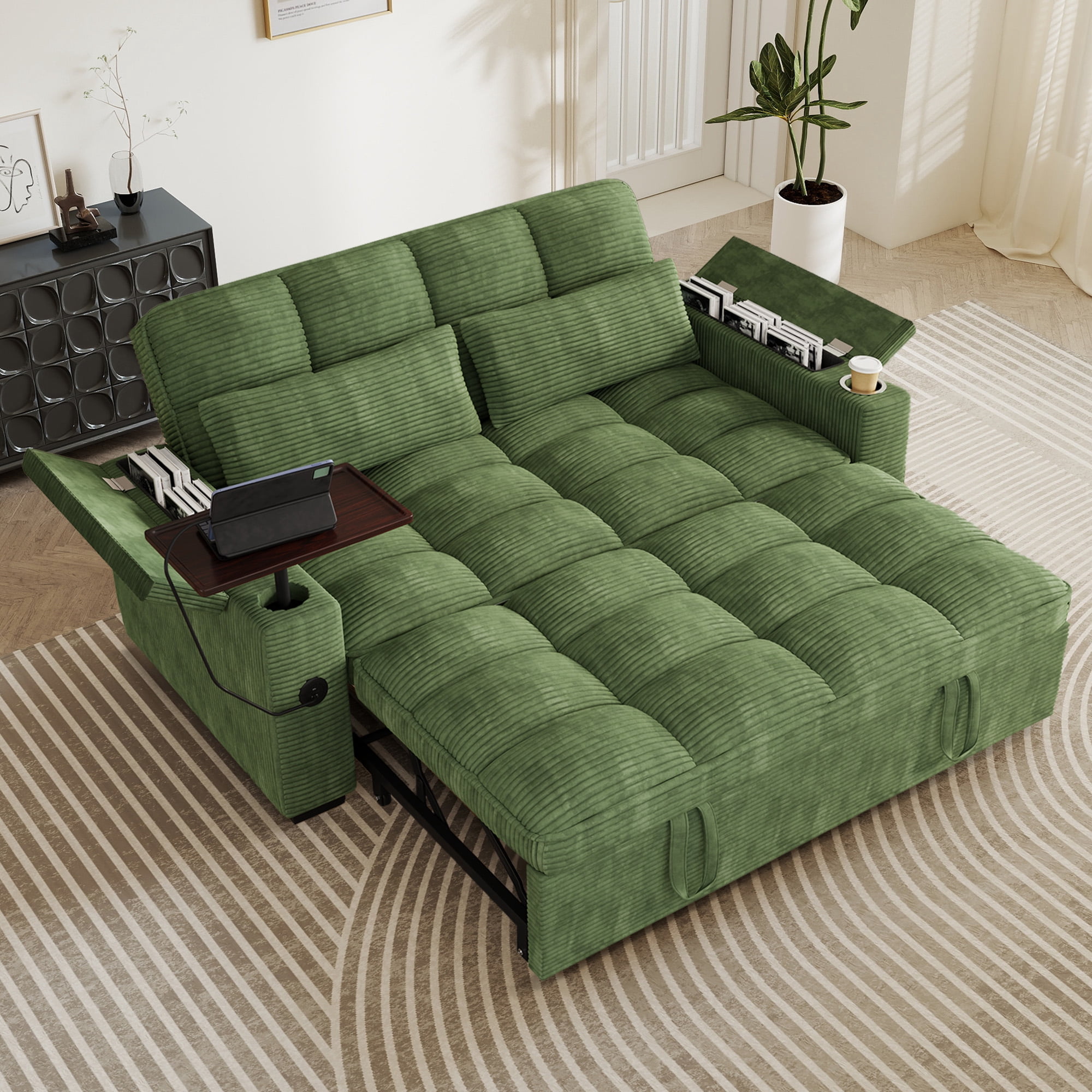 Aukfa 65"W Convertible Sofa Bed with Storage, 3-in-1 Corduroy Queen Sleeper Sofa Couch with 360° Swivel Side Table & USB /Type-C Ports,Green